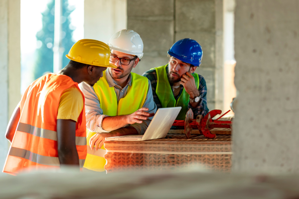 Construction crew looking at a computer